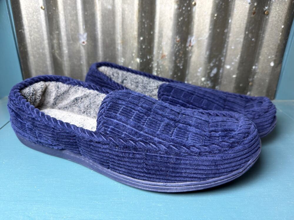 Dearfoams Navy Blue Corduroy Loafer Moccasin Slippers Mens 13 Indoor Outdoor